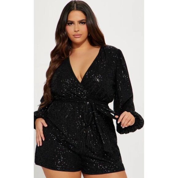 Crystal Sky Women Black Sequined Faux Wrap Romper Size L - Picture 1 of 10